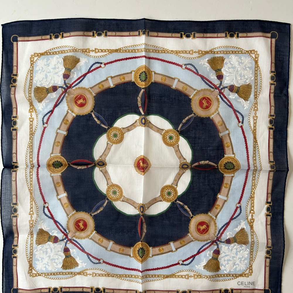 Celine Navy, Cream & Light Blue Equine Chain Silk Scarf